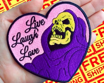 4"x3.75" SKELETOR LIVE LAUGH Love Heart Retro Fully-Embroidered Heart-Shaped Sarcastic Patch - Iron On, Sew On, Velcro Hook or Loop Back