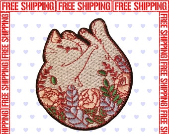 Cat Shaped Heart - Fully Embroidered Patch 3"x2.55" - Iron On, Sew On, Hook Back, or Loop Back