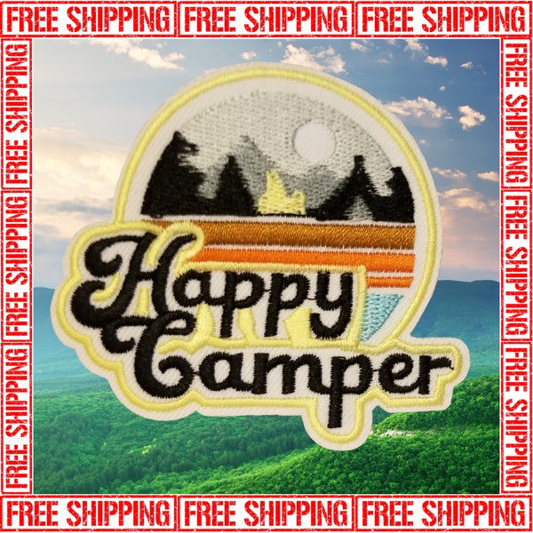 3.20"x3" HAPPY CAMPER Fully-Embroidered Patch Yellow with Choice of Backing: Iron On, Sew On, Hook, or Loop