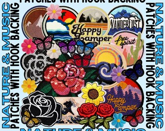 NATURE & MUSIC Patches with Velcro HOOK Backing - Embroidered, Rhinestone, Sequin - Ocean Flowers Mountains Sunrise Sunset - Hot-Cut Edges