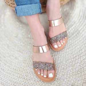 Sparkly Sandals, Glitter Sandals, Women&#39;s Sandals, Sandals Women, Rose Gold Sandals, Strappy Sandals, Leather Sandals, Greek Leather Sandals