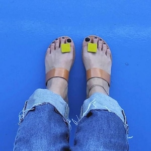 Slide Sandals, Women Sandals, Leather Sandals,  Vachetta Leather Shoes, Greek Handmade Sandals, Summer Shoes, Slip-on, Yellow Sandals.