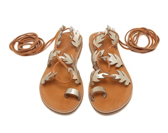 Handmade Greek Leather Gladiator Sandals, Gold Leaf Thong Sandals