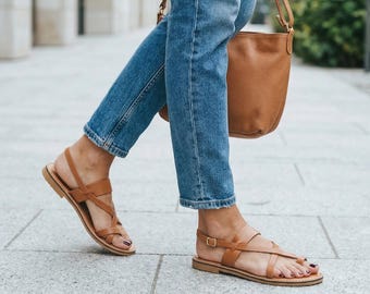 Greek Leather Strappy Sandals, Handmade Tan Vachetta, Women's Gladiator Sandal