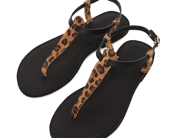 Handgemaakte leren leren sandalen met luipaardprint, Griekse stijl