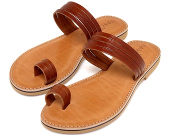 Handmade Greek Leather Toe Ring Sandals, Brown Strappy Flats