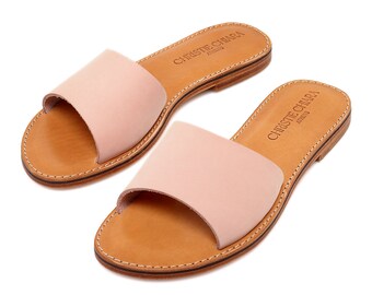 Handmade Greek Leather Slides, Pink Nubuck Sandals