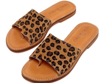 Leren sandalen met luipaardprint, handgemaakte Griekse instappers
