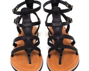 Sandalias gladiadoras de cuero negro hechas a mano, sandalias griegas con tiras.