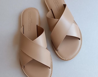 Sandalias de cuero beige hechas a mano, zapatos planos de verano de estilo griego
