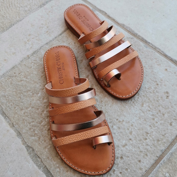 Amazon.com | Gianluca - Handmade Women's Tan Calf Leather Flat Sandals  Sandals - Size: 5 US | Flats