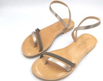 Handmade Leather Greek Sandals, Platinum Gold Strappy Thong Sandals