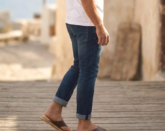 Handmade Italian Leather Men's Flip Flops, Vachetta Straps