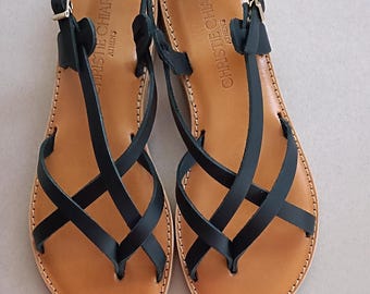 Sandalias griegas de cuero hechas a mano, sandalias negras con tiras