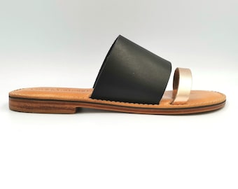 Handmade Black Leather Sandals, Greek Style, Summer Slides