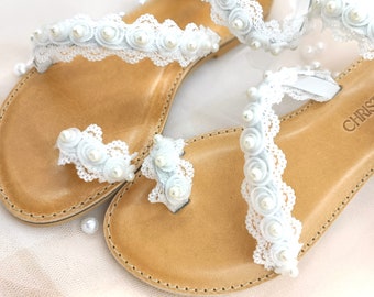 Handmade Greek Leather Wedding Sandals, Lace and Pearls Bridal Shoes