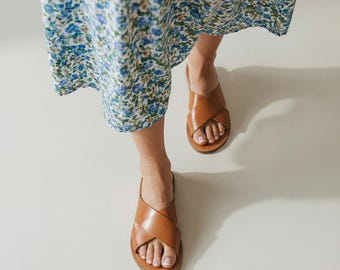 Handmade Vachetta Leather Criss Cross Sandals, Greek Tan Slides - Etsy