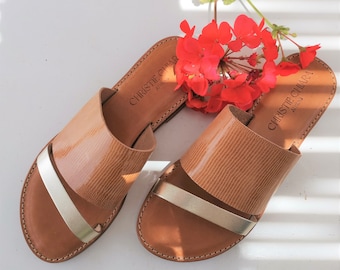 Handmade Greek Leather Sandals, Tan & Gold, Summer Slip-ons