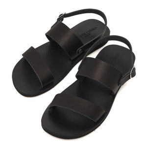 Black Leather Sandals for Men – Handmade Greek Summer Shoes | Minimal Strappy Sandals with Buckle | Flat Comfortable Men’s Sandals