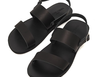 Sandalias de hombre de cuero negro hechas a mano – Zapatos de verano griegos con tiras