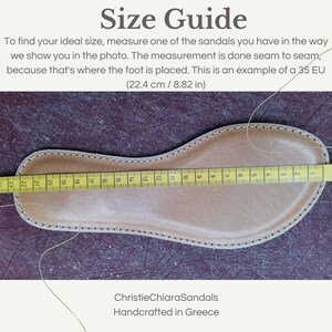 May include: A close-up of a leather sandal insole with a yellow measuring tape showing a measurement of 22.4 cm or 8.82 inches. The text "Size Guide" is at the top of the image. The text "ChristieChiaraSandals Handcrafted in Greece" is at the bottom of the image.