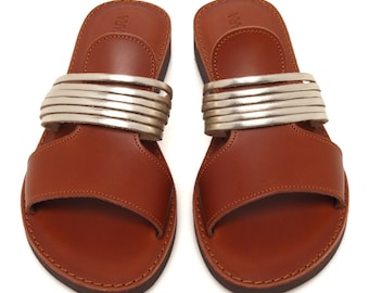 Handmade Brown Leather Slide Sandals, Gold Straps, Greek Design