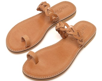 Handmade Greek Leather Toe Ring Sandals, Tan Summer Shoes