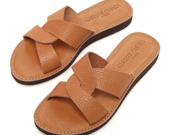 Handgefertigte Tan Leder Slides, Italienische Sommer Sandalen