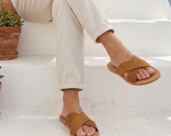 Handmade Italian Leather Criss Cross Sandals, Greek Men Shoes