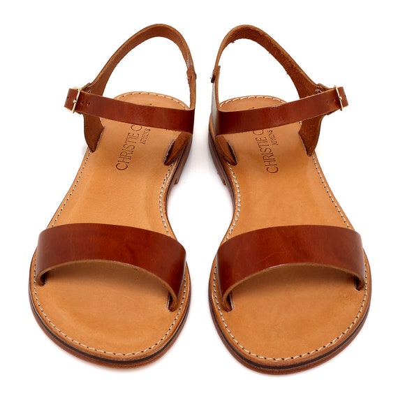 Handmade Brown Leather Greek Sandals, Luxury Flat Sandals