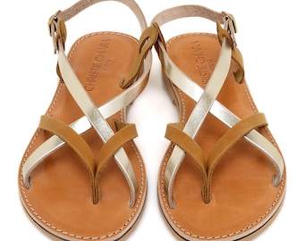 Handmade Greek Leather Strappy Sandals, Gold Accent