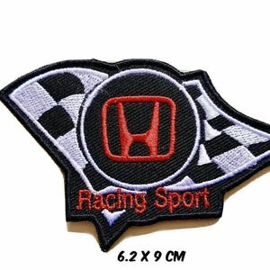 May include: Black and white chequered flag with a red Honda logo and the text "Racing Sport" in red. The patch is 6.2 x 9 cm.