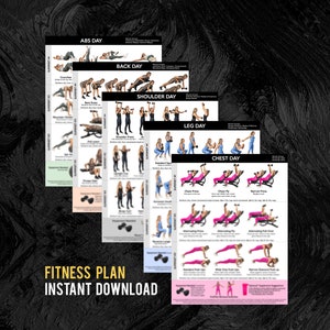 Könnte beinhalten: Ein Fitnessplan mit sechs verschiedenen Trainingseinheiten für Bauch, Rücken, Schultern, Beine und Brust. Jede Einheit umfasst eine Reihe von Übungen mit Kurzhanteln und einer Bank. Der Plan trägt den Titel "Fitness Plan Instant Download".