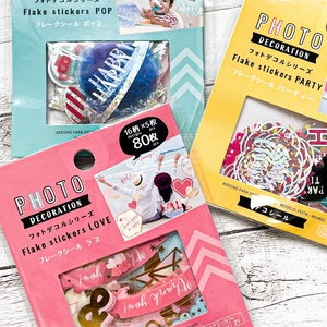 Fotodecoratie Vlokstickers | Pop, feest, liefde | Goud stempelen, zilver stempelen, hologram | Daiso | Decoratief, scrapbooking | 80 stuks