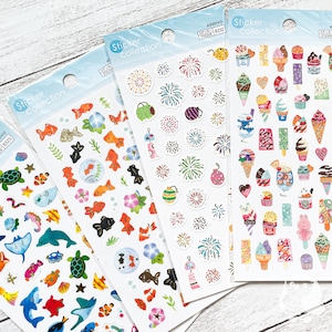 Verano Japón Temporada II Hoja de pegatinas / Animales marinos, Peces dorados, Hanabi, Fuegos artificiales, Helado / Daiso / Diario, Decoración