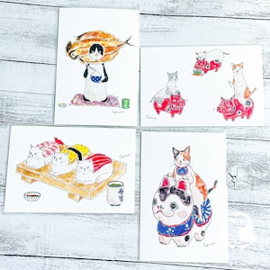 d'illustration de chat de Tocorocomugi Cartes postales | Sushi Cat, patrouille akabeko, poisson chinchard, choko inu | Active Corporation | Imprimé au Japon