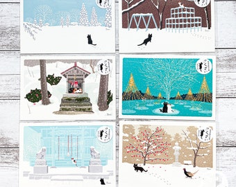 Winter Japanese Tabineko Postcards | Cats Traveling in the Four Seasons of Japan | Toshinori Mori | Made in Japan | Decoration, Cards