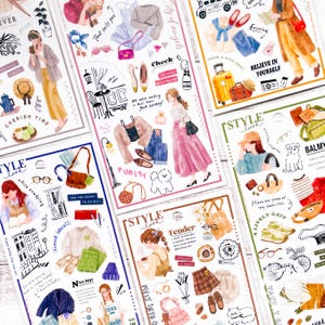 May include: A set of colorful stickers featuring illustrations of women in various outfits and poses. The stickers include text such as "Style Look", "City of Angels", "Check", "Purity", "Tender", "Balmy", "A Lively Gait", and "Take The Path Less Traveled".