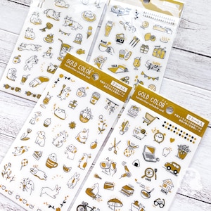 Sello de agenda escrito a mano en color dorado / Adhesivo transparente / Fabricado en Japón / Pine Book Co. Ltd / Joy, Life, Cat, Rabbit / Para llevar un diario y programar