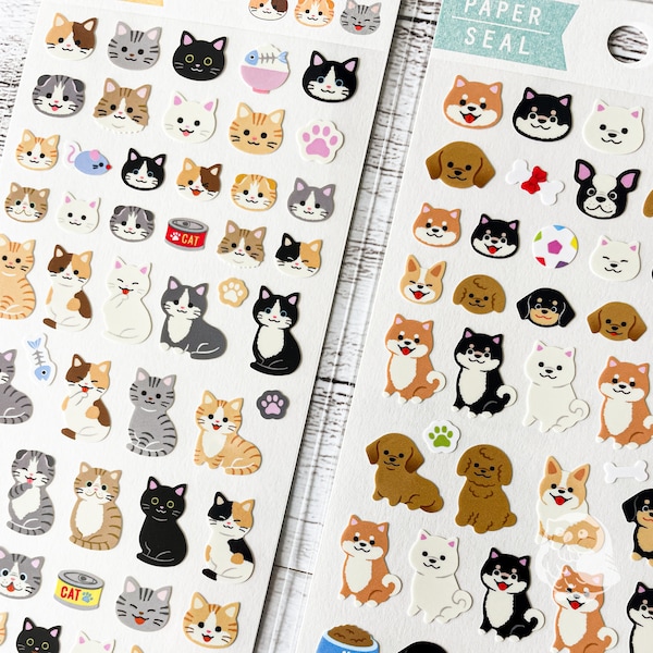 d'autocollants en papier pour chiens et chats Active Corporation | Fabriqué au Japon | Tête de chat, tête de chien, types de chats, types de chiens| Carnet de notes, agenda autocollants