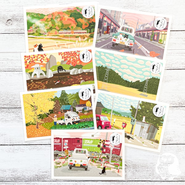 Autumn Japanese Tabineko Postcards | Cats Traveling in the Four Seasons of Japan | Toshinori Mori | Made in Japan | Decoration, Cards
