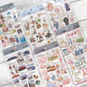 La vie au Japon | Sticker Encyclopédie pour adultes | Fleurs de cerisier, kimono, remise en forme musculaire, pharmacie, mont Fuji, papeterie | Kamio Japon Inc