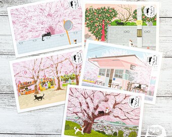 Spring Japanese Tabineko Postcards | Cats Traveling in the Four Seasons of Japan | Toshinori Mori | Made in Japan | Decoration, Cards