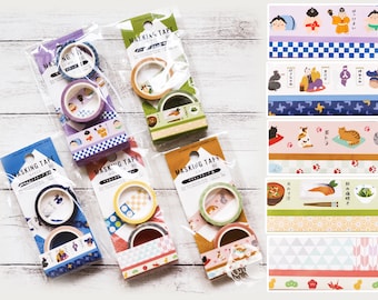 May include: Assortment of six rolls of colorful washi tape featuring Japanese themes. The themes include cats, food, and traditional Japanese figures. Each roll is packaged in a clear plastic bag with a colorful label that includes the word "masking tape" in Japanese and English.