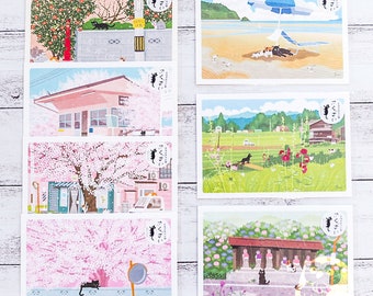 Spring Summer Japanese Tabineko Postcards | Cats Traveling in the Four Seasons of Japan | Toshinori Mori | Made in Japan | Decoration, Cards
