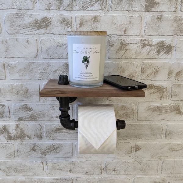 Iron Pipe Toilet Paper Holder with Wood Shelf - Rustic Industrial Bathroom Decor - Coastal - Lakehouse - Farmhouse TP Holder Decoration Bath