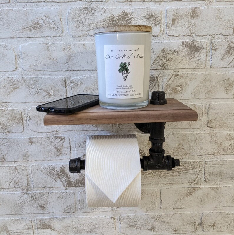 Iron Pipe Toilet Paper Holder With Wood Shelf Rustic Etsy