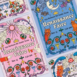 May include: A set of Renaissance Faire event flyers. The designs feature elaborate borders, illustrations of mythical creatures, and event information. The colour scheme includes pink, blue, and green with gold accents. The text on the flyers reads "Renaissance Faire" and the date and time.