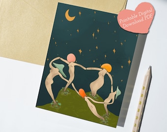 Mushroom PRINTABLE Greeting Card, Dancing Mushroom Digital Download card, trippy mushroom celestial card, Matisse art card
