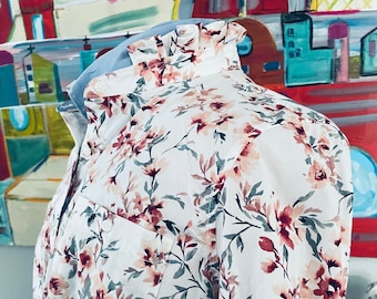 Plus Size Floral Top, Elegant yet Effortless Ladies  Ruffle Collar Long Sleeve Button Down Shirt for Office or Weekend